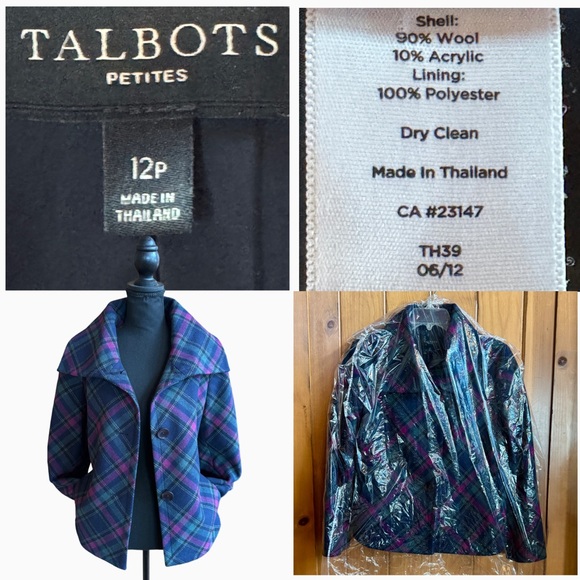 Talbots Plaid Wool Blend Lined Pea Coat Jacket (12P) - Picture 8 of 17